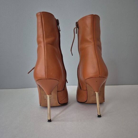 L' Intervalle Chestnut Brown Leather Gold Stiletto Lace Up Boots Womens 6 - Picture 4 of 7